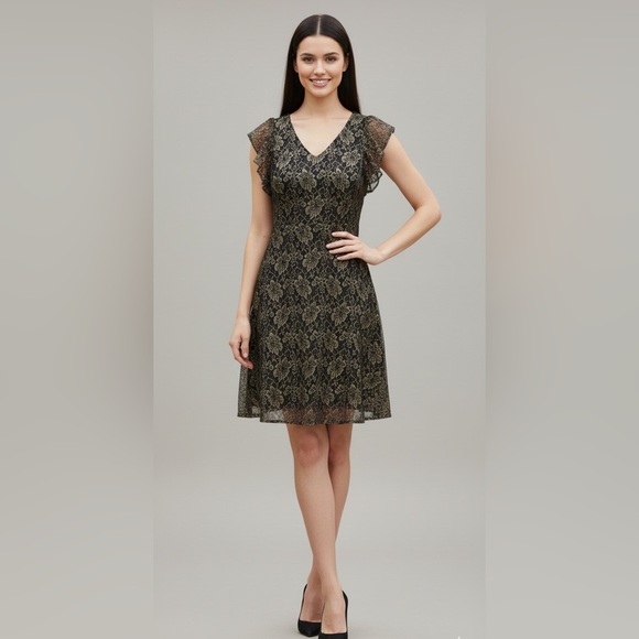 Tommy Hilfiger Black Gold Floral Mesh Lace Dress Flutter Sleeve Dress Sz. 12 - Picture 3 of 14